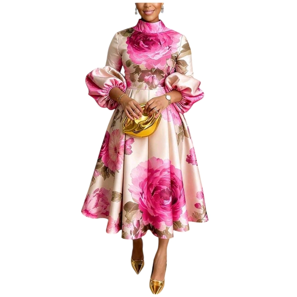 SHEIN Pink Floral Long Sleeve Midi Dress